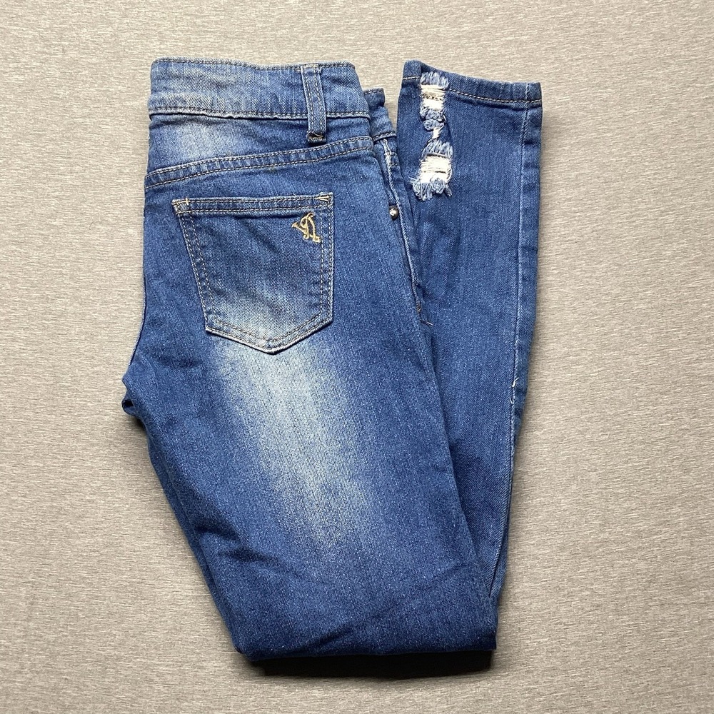 VIP JEANS Skinny Leg Dark Wash Blue Denim Jeans Women's Size 00 Distressed